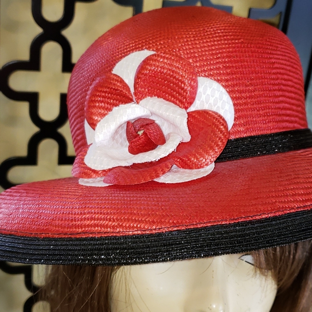 Mr. John New York‎ Paris Red Blk Cream Floral Vintage Derby Church Tea Hat - Picture 4 of 8